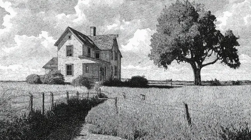 Engraving of a farmhouse with long drive and open field