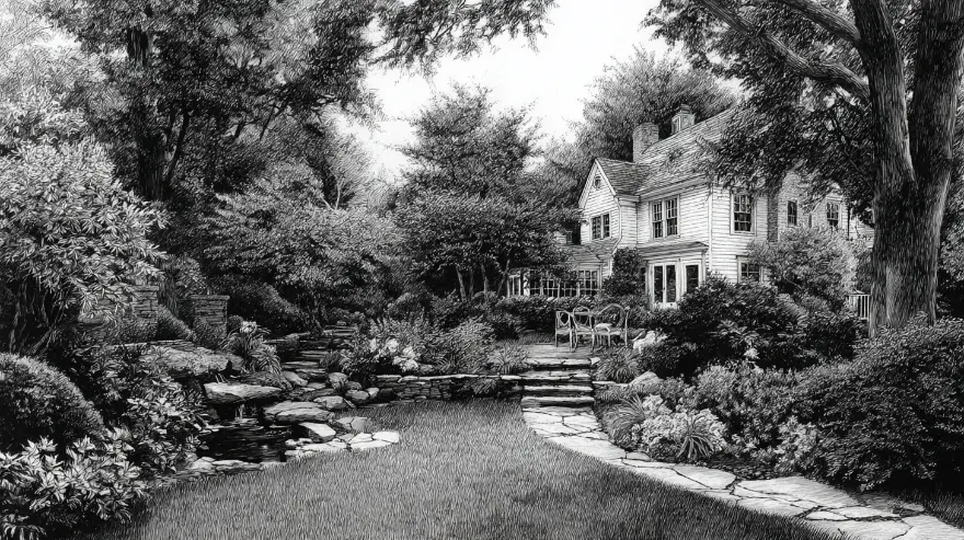 Engraving of tended garden beds and a stone path beside a backyard pond — property care near Medfield, MA