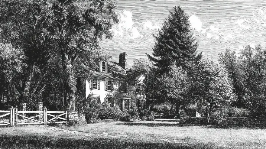Engraving of a gated New England property with mature trees