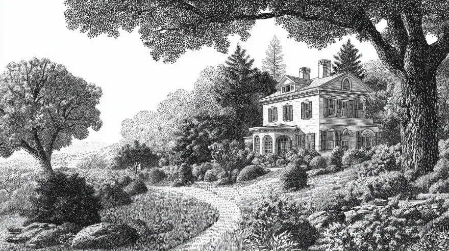 Engraving of a hillside estate with a winding path through autumn grounds — property care near Dover, MA