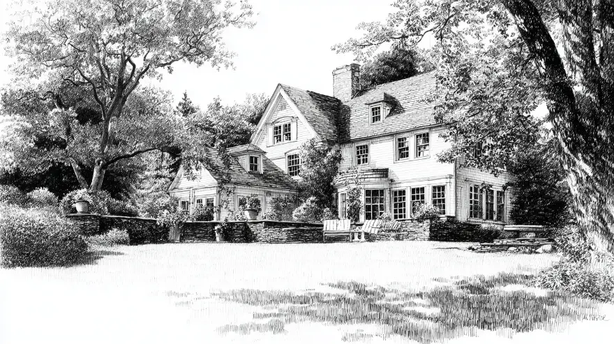 Engraving of a broad, freshly cut lawn bounded by a stone wall — property care near Wrentham, MA