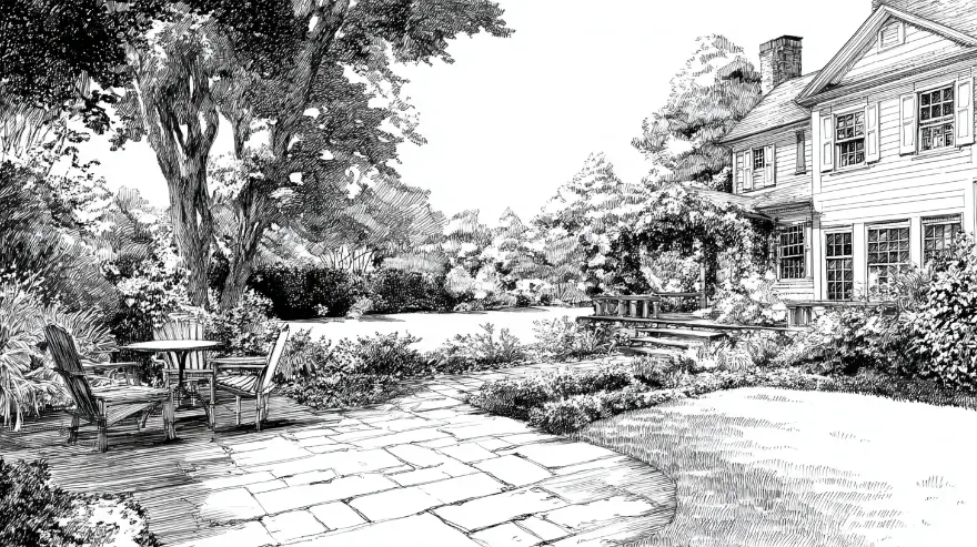 Engraving of a stone patio with garden furniture under shade trees — property care near Sharon, MA