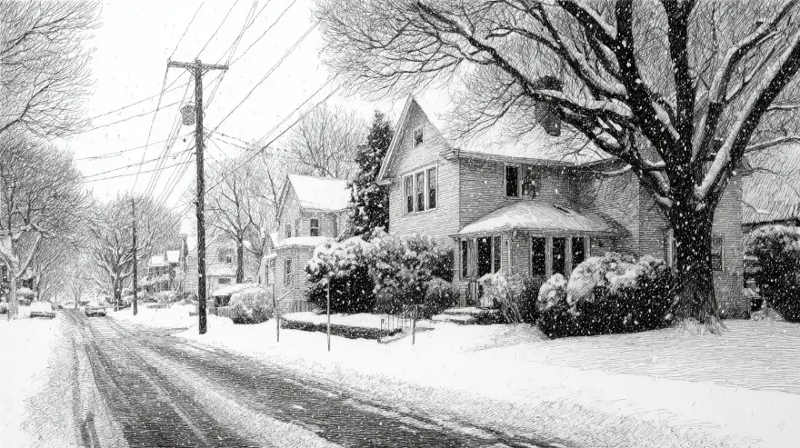 Engraving of a snow-covered neighborhood street with plowed driveways — property care near Norfolk, MA