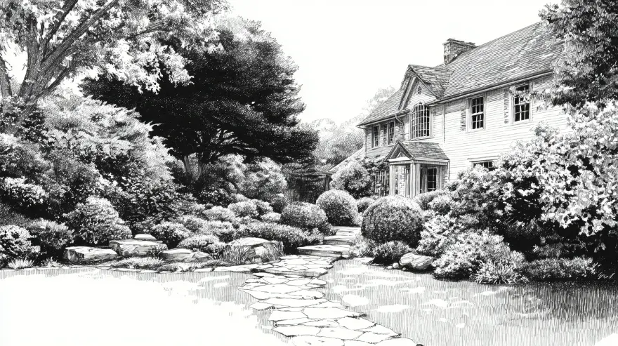 Engraving of a stone walkway through landscaped garden beds — property care near Medway, MA