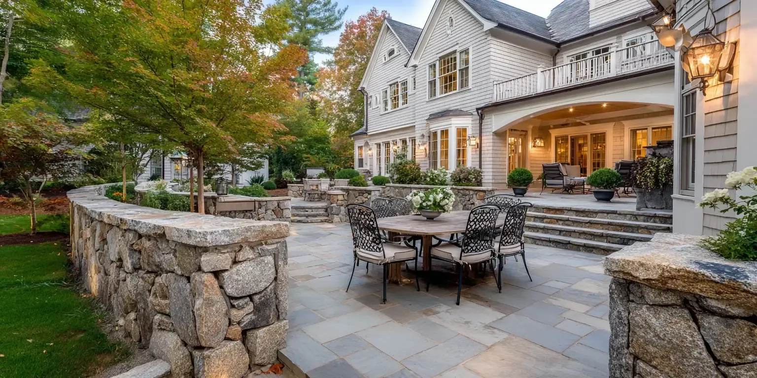 Backyard of home, hardscaping and masonry